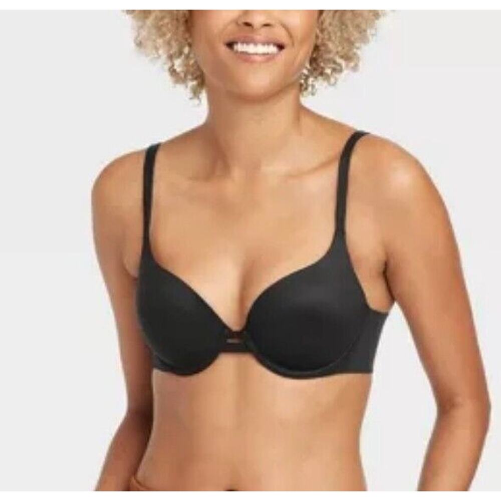 34A AUDEN Womens Black Plunging Padded Underwire Back Closure Push-Up Bra 3D